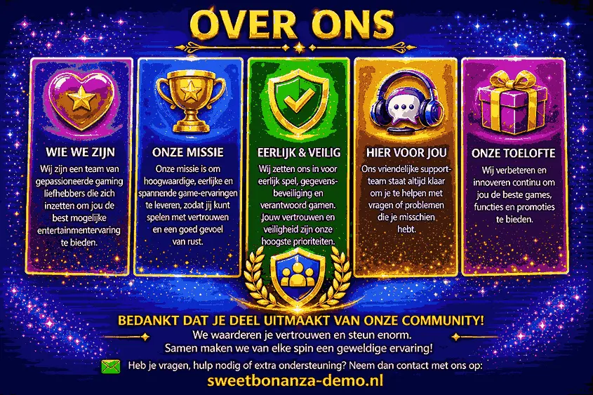 Over ons-banner voor Sweet Bonanza Demo met kleurrijke gaming-iconen, informatie over missie, eerlijk en veilig spelen, support, community en contact via sweetbonanza-demo.nl.