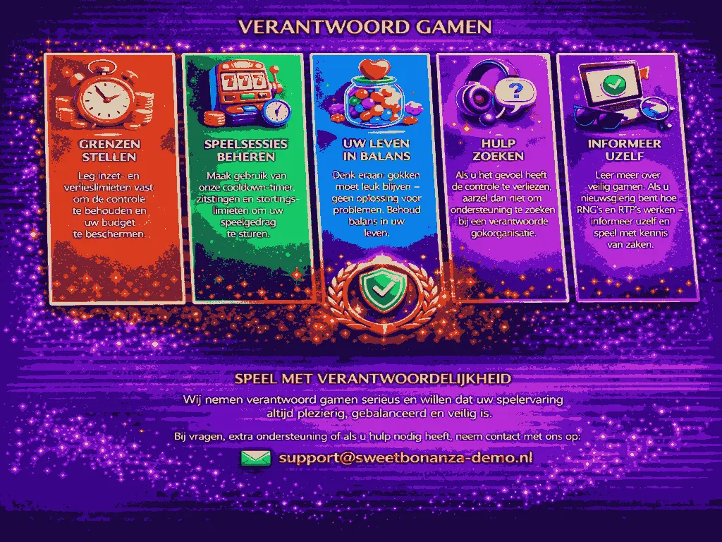 Banner over verantwoord gamen met tips om grenzen te stellen spelsessies te beheren balans te houden hulp te zoeken en jezelf te informeren met contact support@sweetbonanza-demo.nl