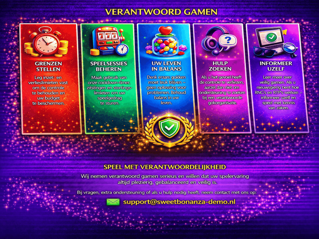 Banner over verantwoord gamen met tips om grenzen te stellen spelsessies te beheren balans te houden hulp te zoeken en jezelf te informeren met contact support@sweetbonanza-demo.nl